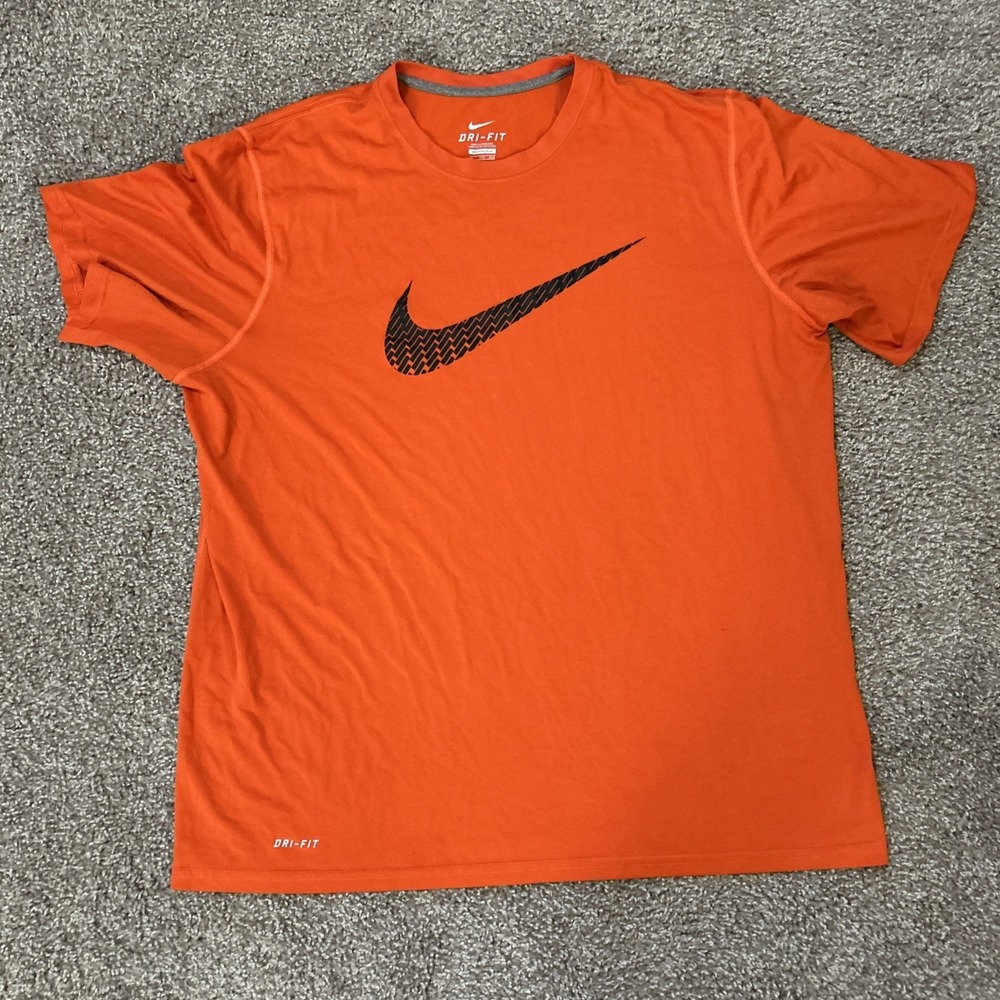Nike Dri-Fit Neon Orange‎ T-Shirt Graphic Gray Swoosh XXL